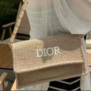 Dior (GWP) Beige Woven Clutch with Gold Chain